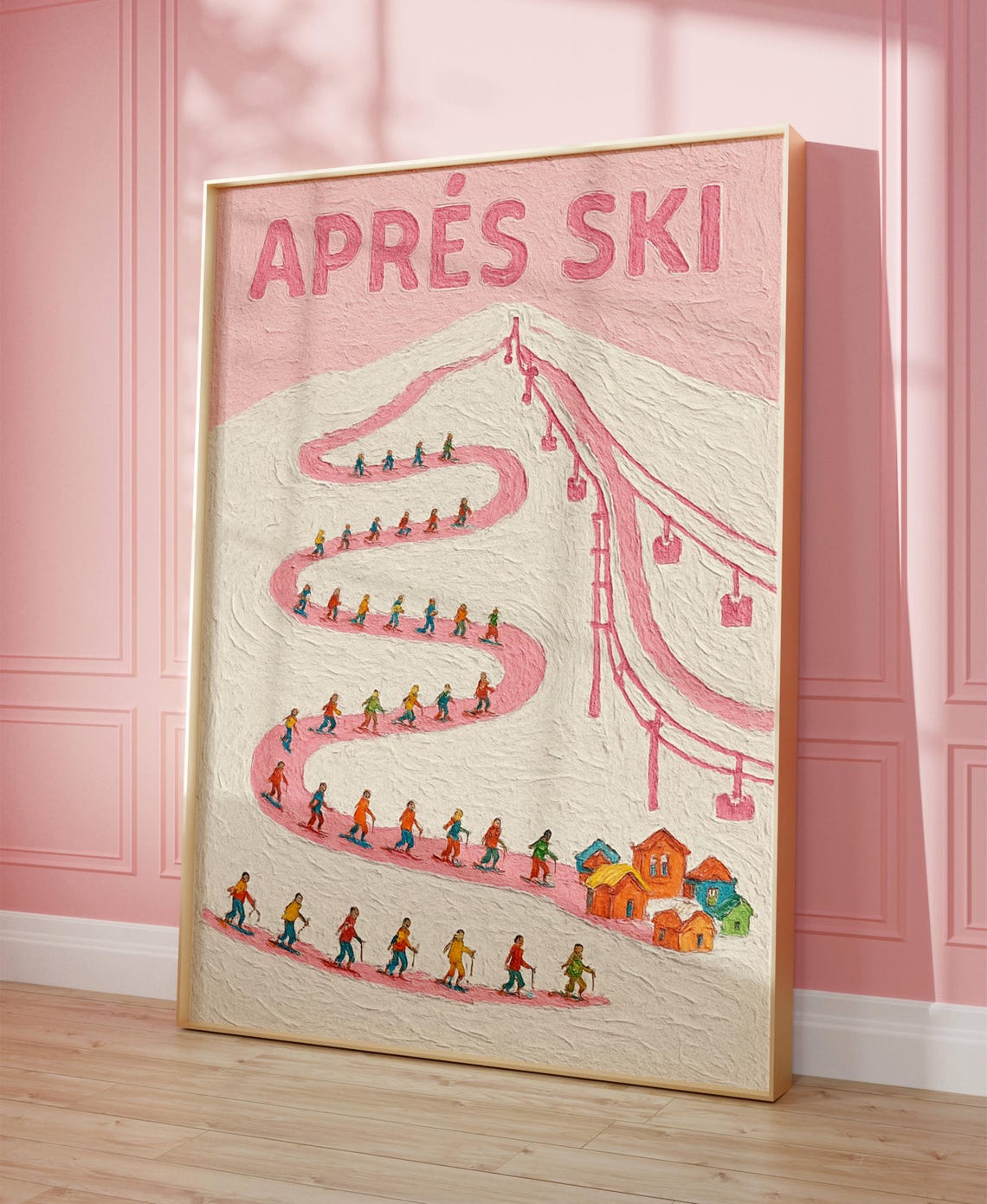 Apres Ski Pink Mountain Poster Tiny Skiers Winding Trail Textured Wall Decor