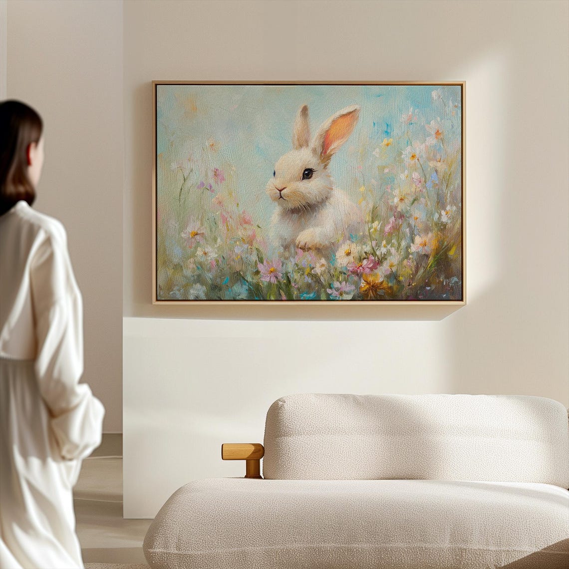 Sweet White Bunny Among Soft Pastel Wildflowers Spring Art Poster - Image 5