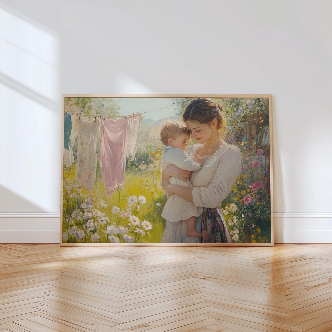 Sunny Mother Holding Baby in Daisy Meadow Vintage Garden Wall Art - Image 3