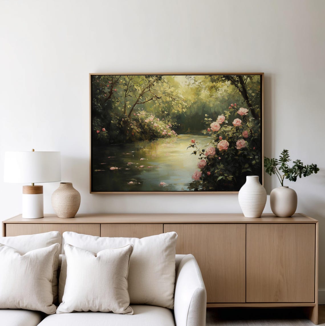 Pink Rose Garden Overhanging a Still Pond Impressionist Poster - Image 4