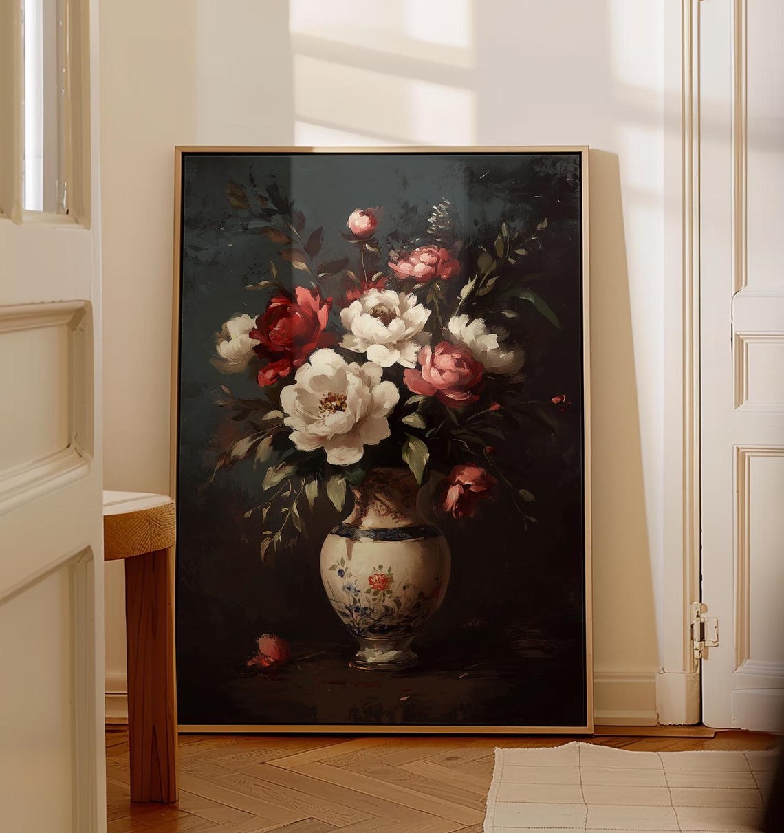 Moody Red and White Peonies Oil Painting Dark Floral Wall Art