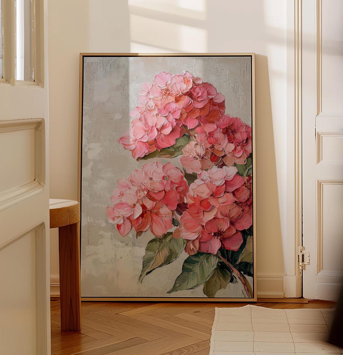 Vibrant Pink Coral Hydrangea Blooms Textured Floral Art Poster - Image 5