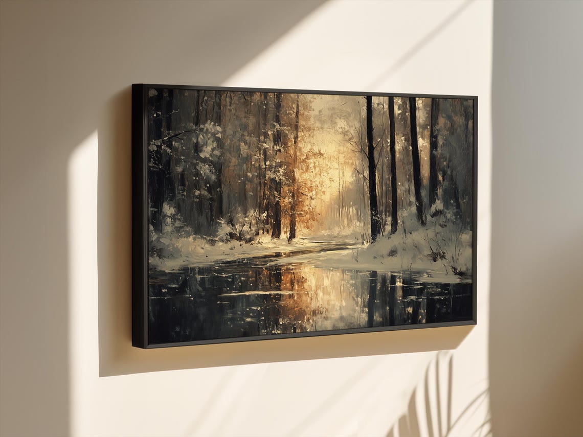 Winter Forest Reflected in Still Water With Golden Light Poster - Image 2