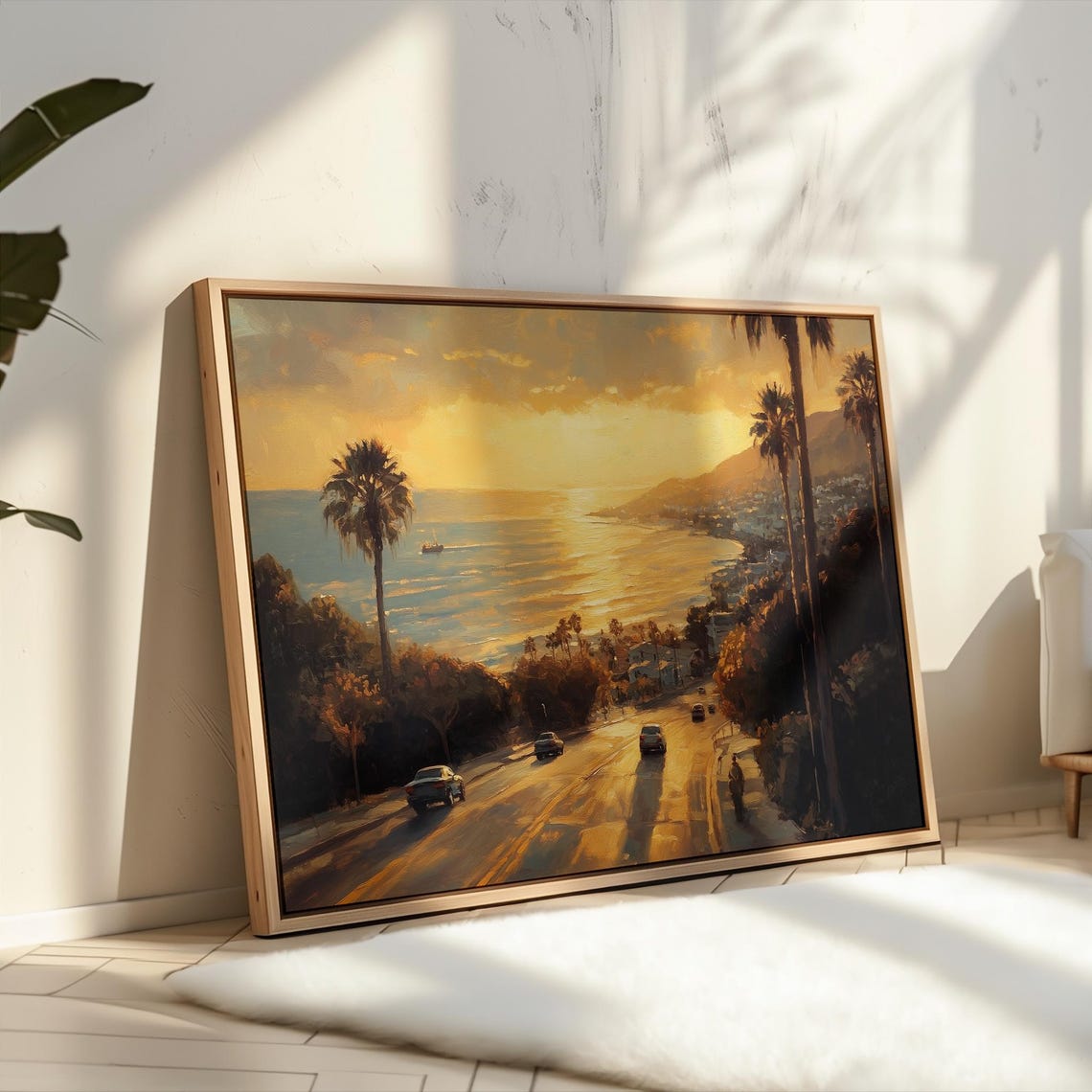 California Coast Sunset Over a Palm Lined Beach Town Scene Poster - Image 2