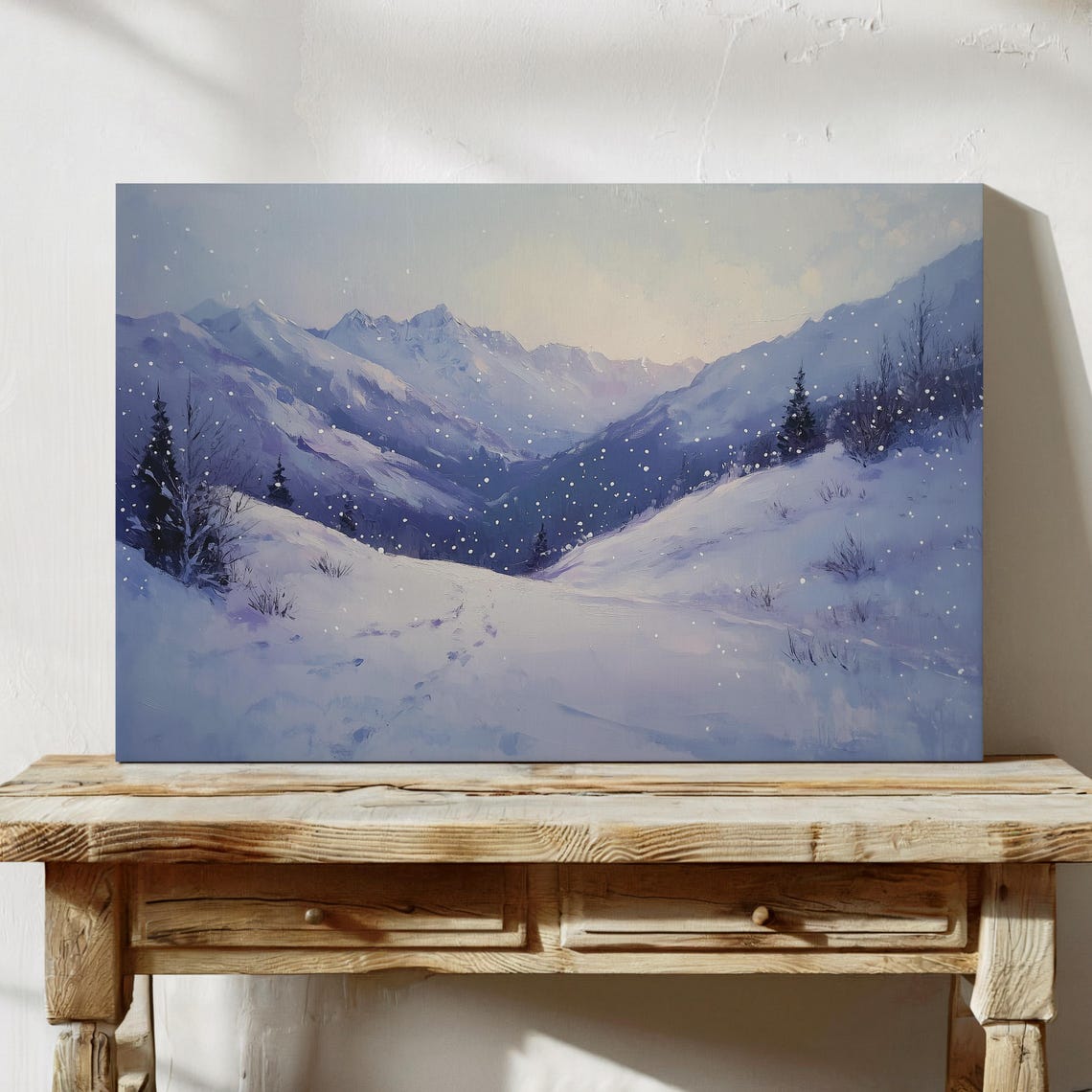 Snowy Mountain Valley at Dusk With Gently Falling Snow Poster - Image 4