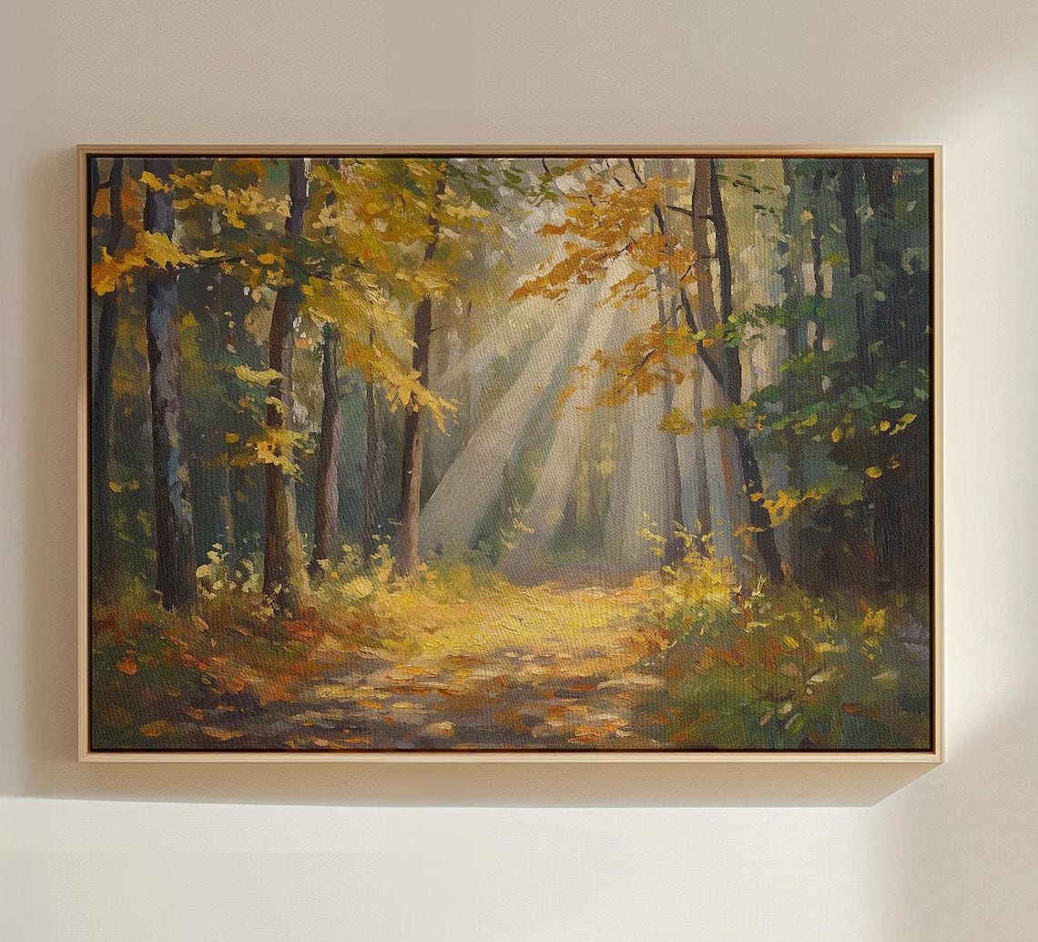 Autumn Forest Path With Golden Sunbeams Oil Painting Art Poster - Image 4