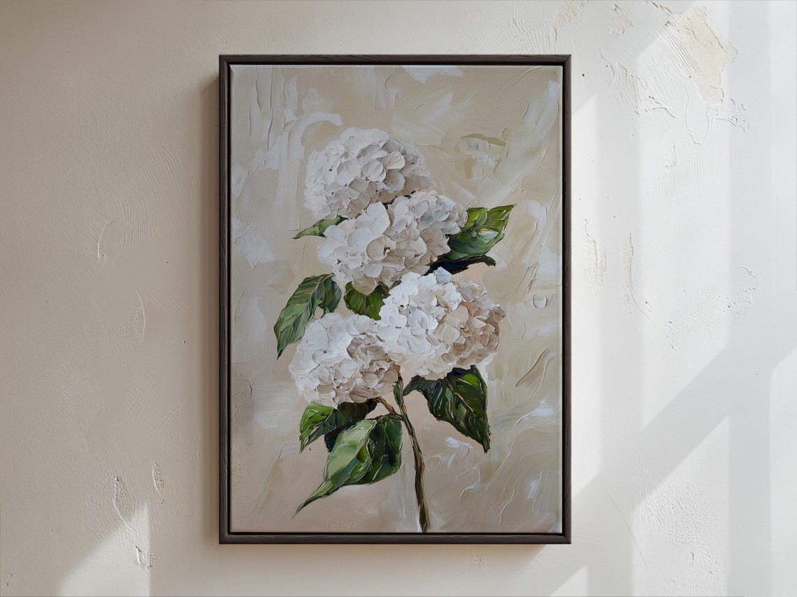 Classic White Hydrangea Blossom Textured Impasto Style Art Poster - Image 3