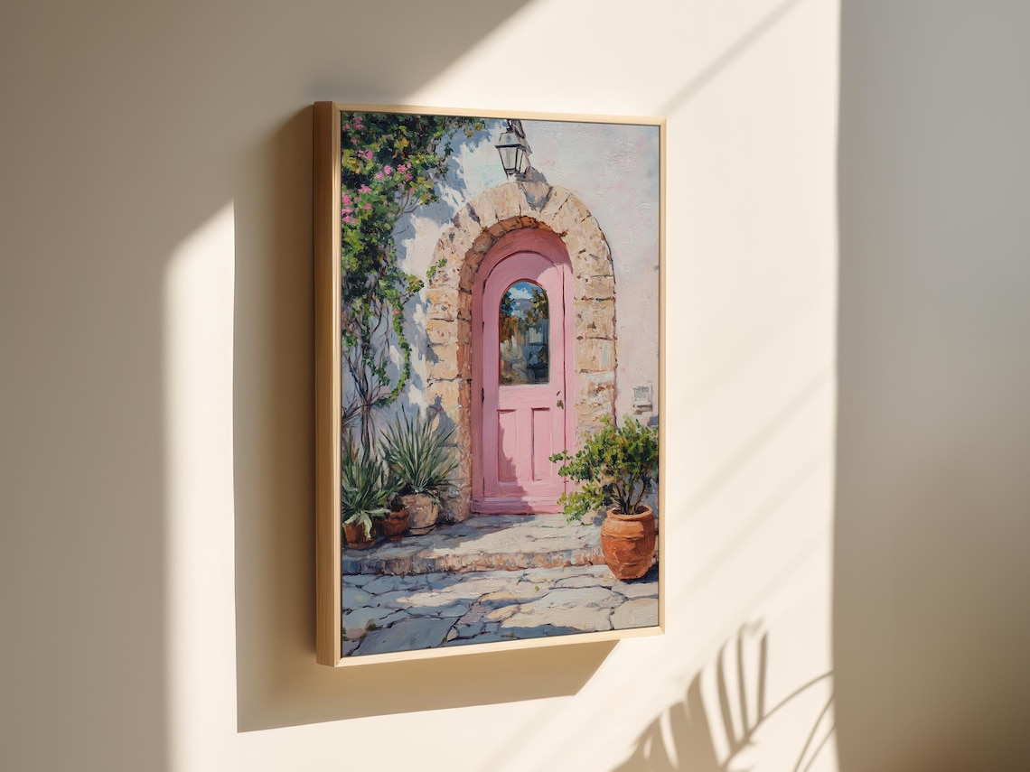 Charming Pink Door Mediterranean Street Scene Oil Painting Wall Art - Image 2
