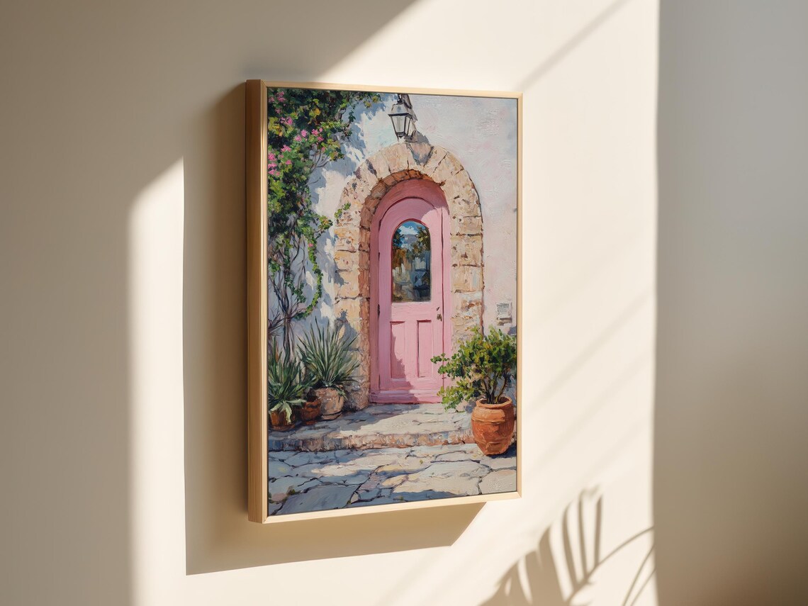 Pink Door Painting Greek Architecture Art Lush Greenery Art Stone Archway Wall Decor Travel Poster Style Art European Street Scene - Image 2