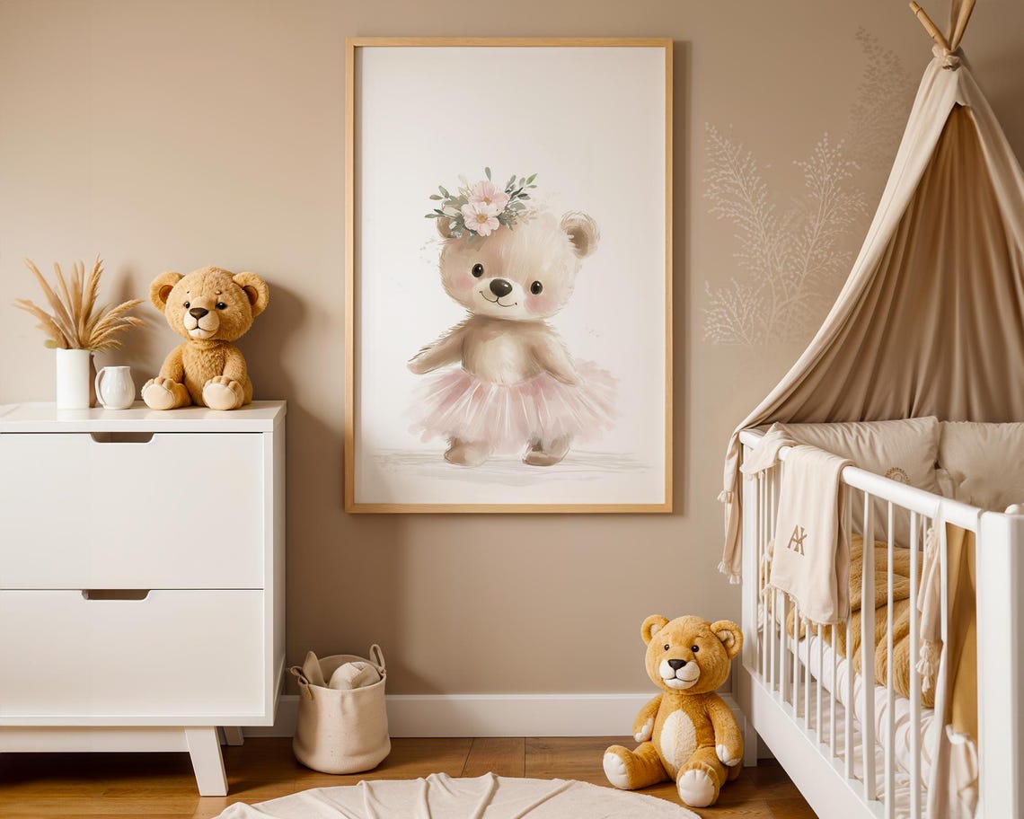 Cuddly Ballet Bear Teddy Watercolor Nursery Wall Art Pink Tutu Art - Image 4