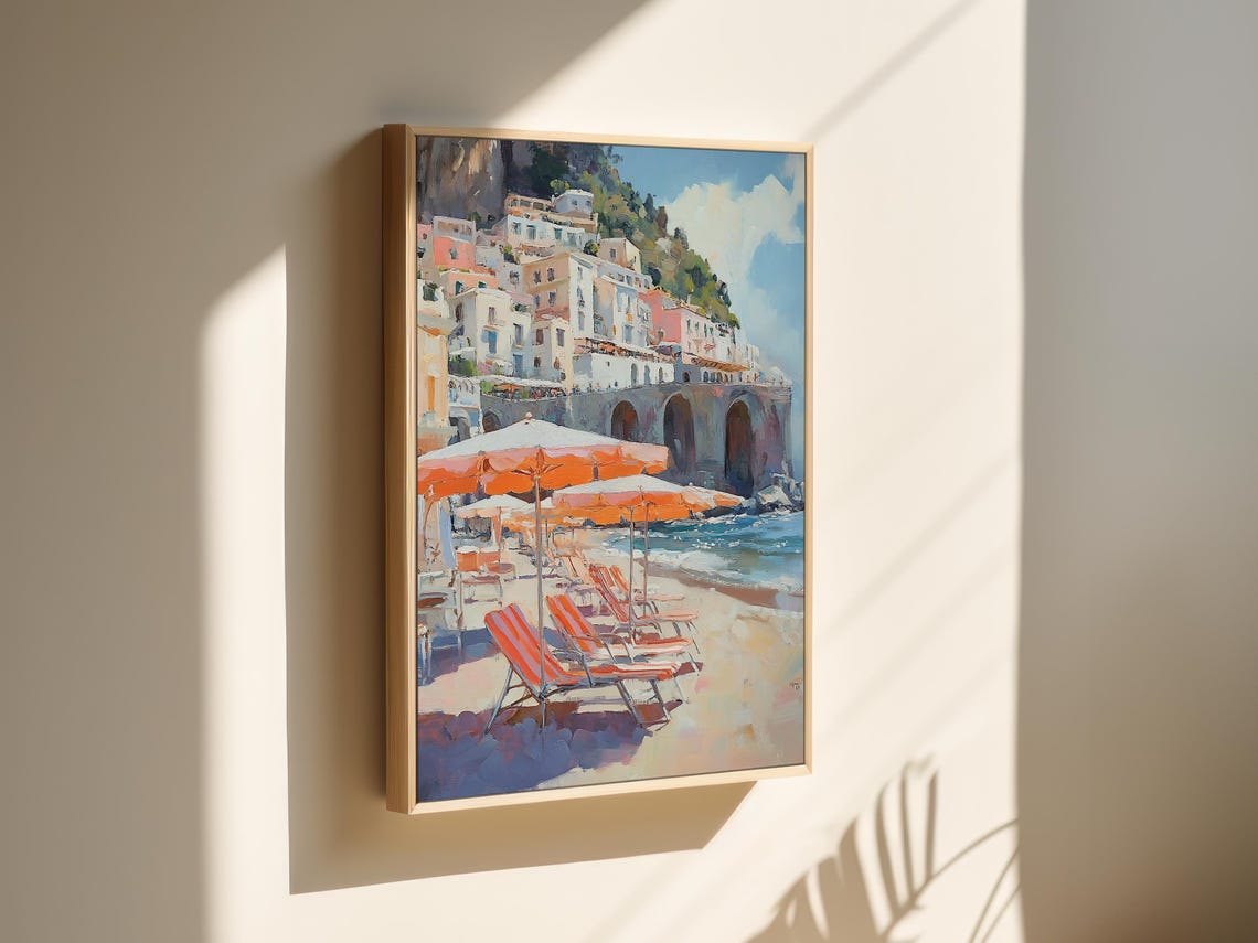 Sunny Italian Coastal Town Beach Painting Orange Umbrellas Wall Art - Image 2