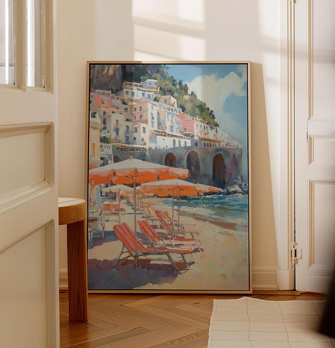 Sunny Italian Coastal Town Beach Painting Orange Umbrellas Wall Art