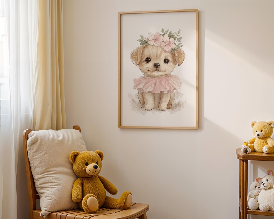Sweet Watercolor Puppy Ballerina in Pink Tutu Nursery Art Poster - Image 3