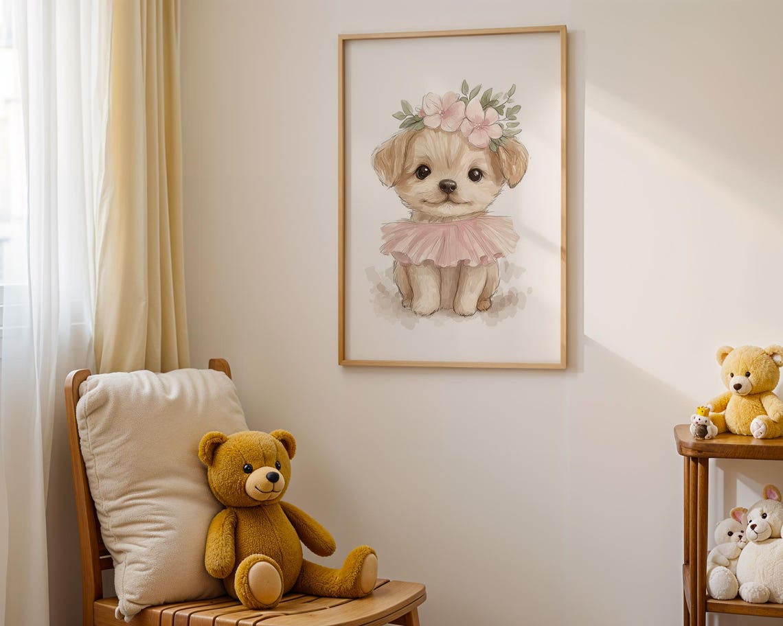 Watercolor Puppy Dog Wall Art Ballet Puppy Wall Decor Pink Tutu Puppy Art Ballerina Puppy Art Trendy Print For Kid Nursery Decor - Image 3