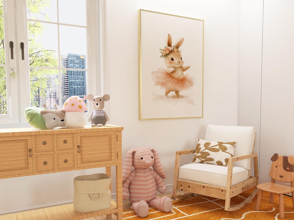 Twirling Ballet Bunny Watercolor Nursery Wall Art in Pink Tutu - Image 3
