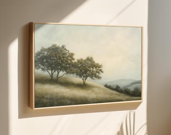 Rural Landscape Wall Art Serene Nature Wall Decor Countryside Art Meadow Art Peaceful Scenery Foggy Hillside Art Trees Painting