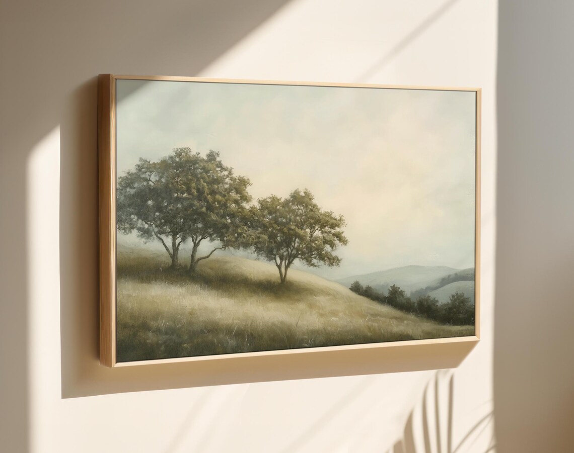 Peaceful Foggy Hills Landscape Painting Minimalist Trees Wall Art