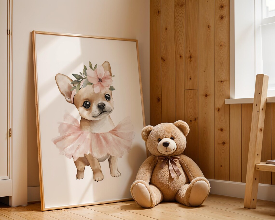 Darling Ballerina Chihuahua Watercolor Nursery Wall Art Pink Tutu - Image 5