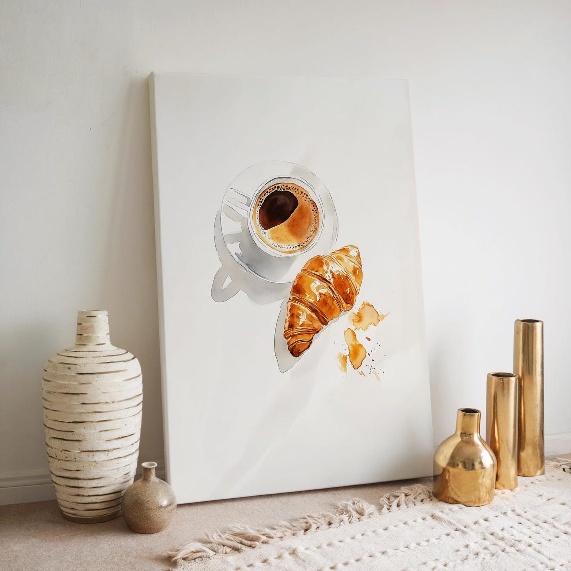 Watercolor Croissant and Coffee Breakfast Kitchen Wall Art Gift - Image 4