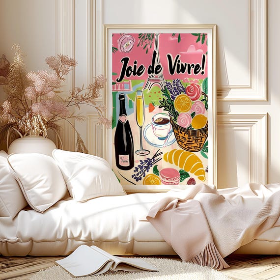 Colorful Joie De Vivre Paris France French Saying Wall Art Print Rolled Poster Eiffel Tower Cafe View Painting Coffee Croissant