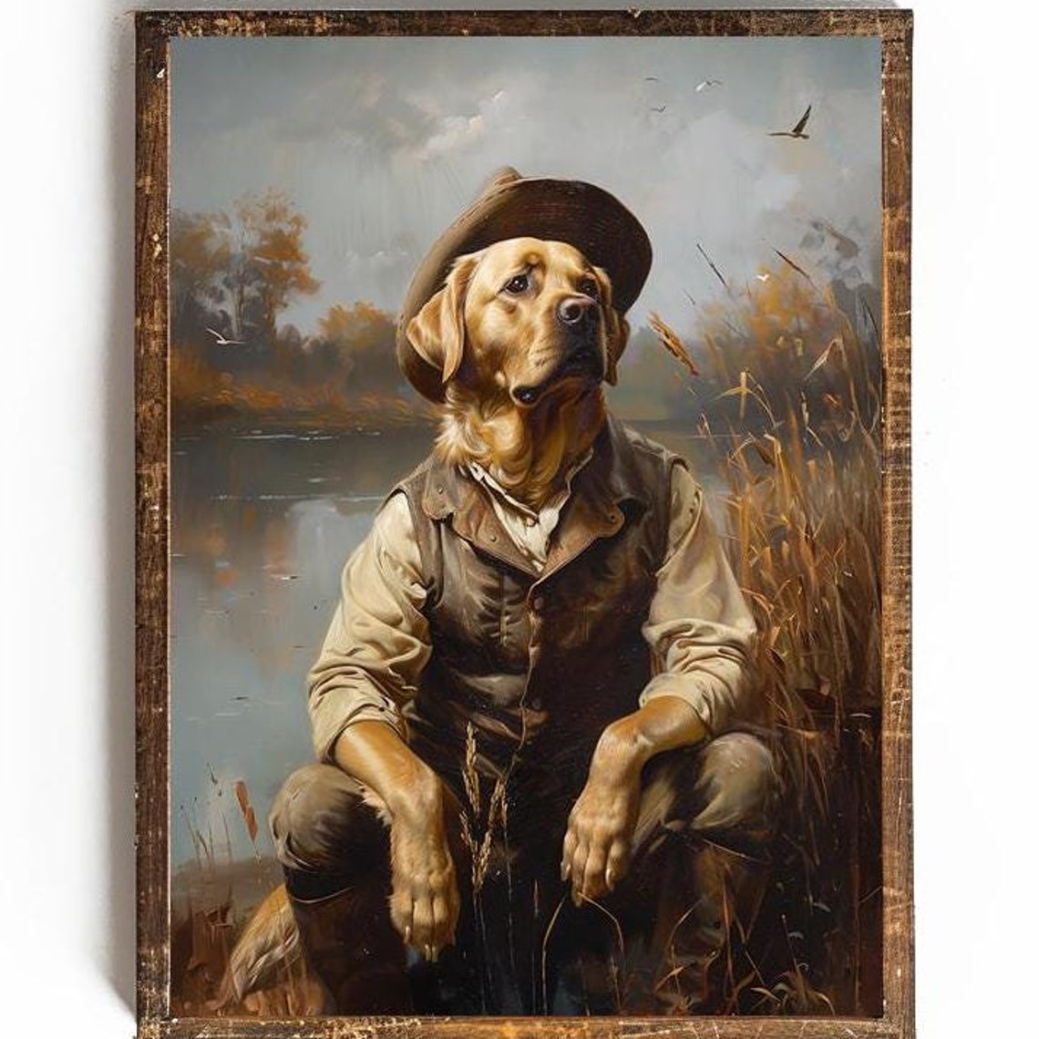 Labrador Retriever in a Hat and Vest by the Quiet Marsh Poster