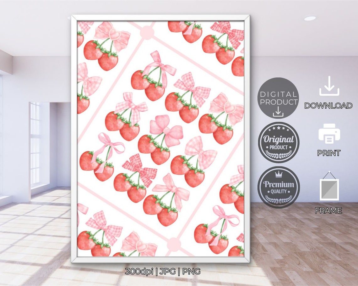 Strawberries With Pink Bows Coquette Pattern Aesthetic Wall Poster