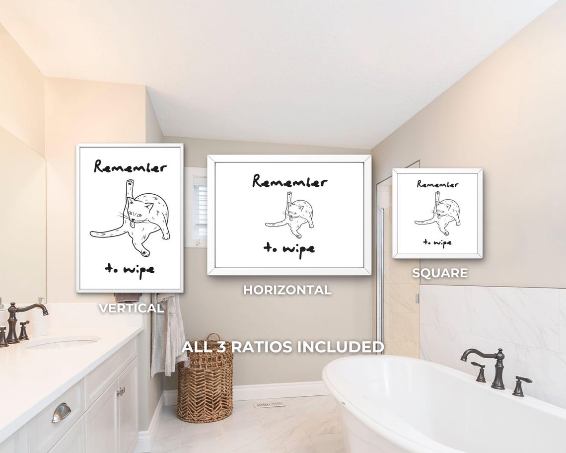 Remember to Wipe Funny Cat Bathroom Humor Line Art Wall Poster - Image 3