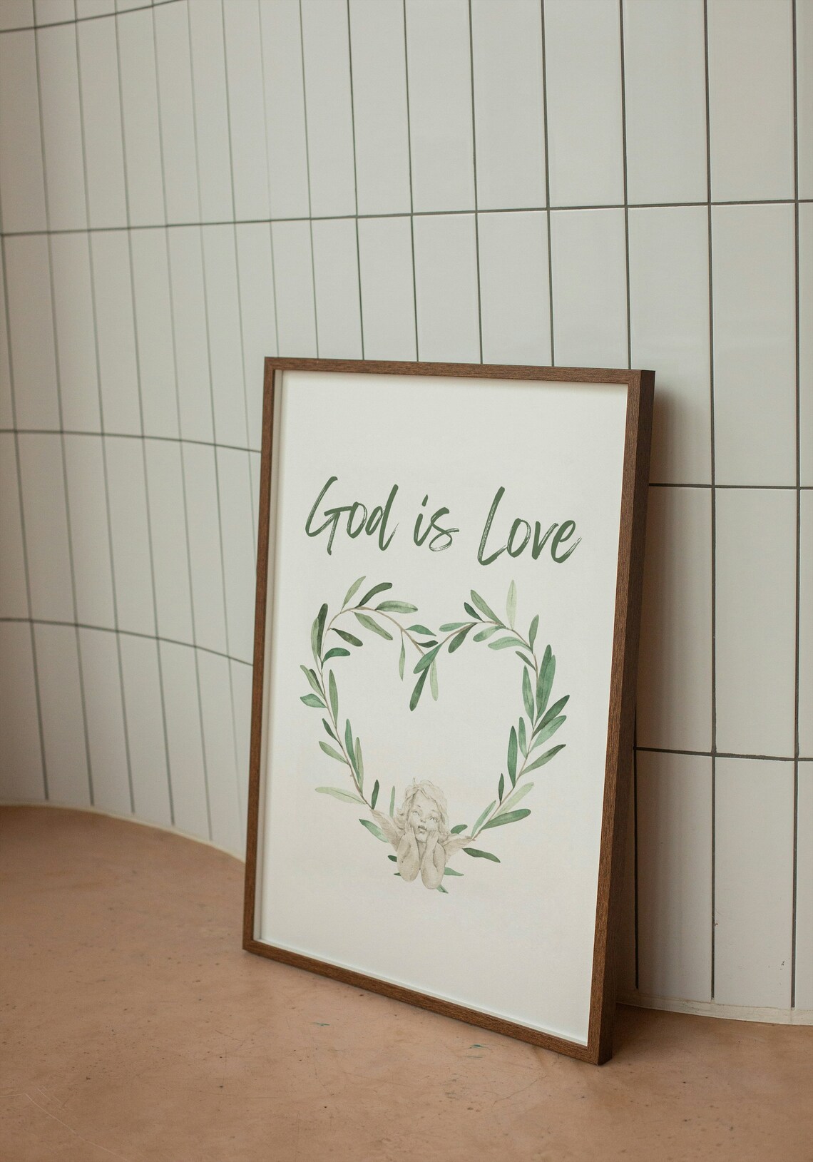 God Is Love Heart Wreath Watercolor Cherub Christian Faith Poster - Image 2