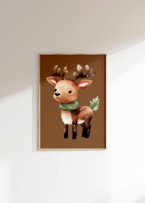 Adorable Reindeer Wall Art Cute Woodland Christmas Gift Decor Holiday Deer Nursery Poster Winter Animal Art For Kids Room Decor