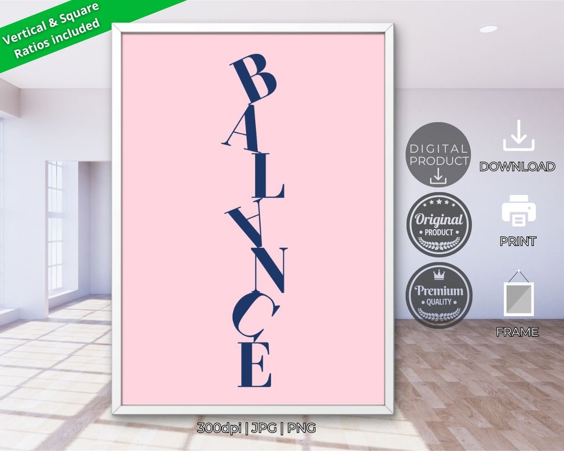 Balance Wavy Vertical Typography Navy Pink Minimalist Motivational Art Poster