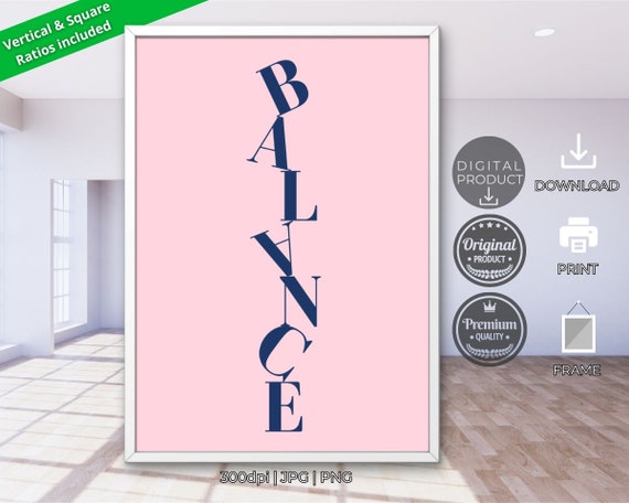 Balance Wavy Vertical Typography Navy Pink Minimalist Motivational Art Poster