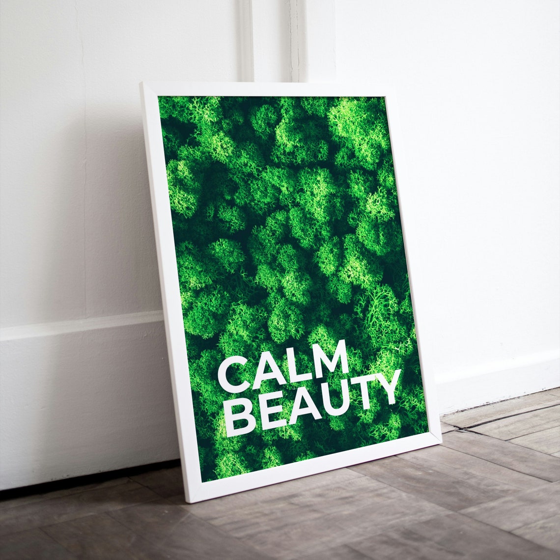Calm Beauty White Text Green Moss Texture Minimalist Wall Poster - Image 2