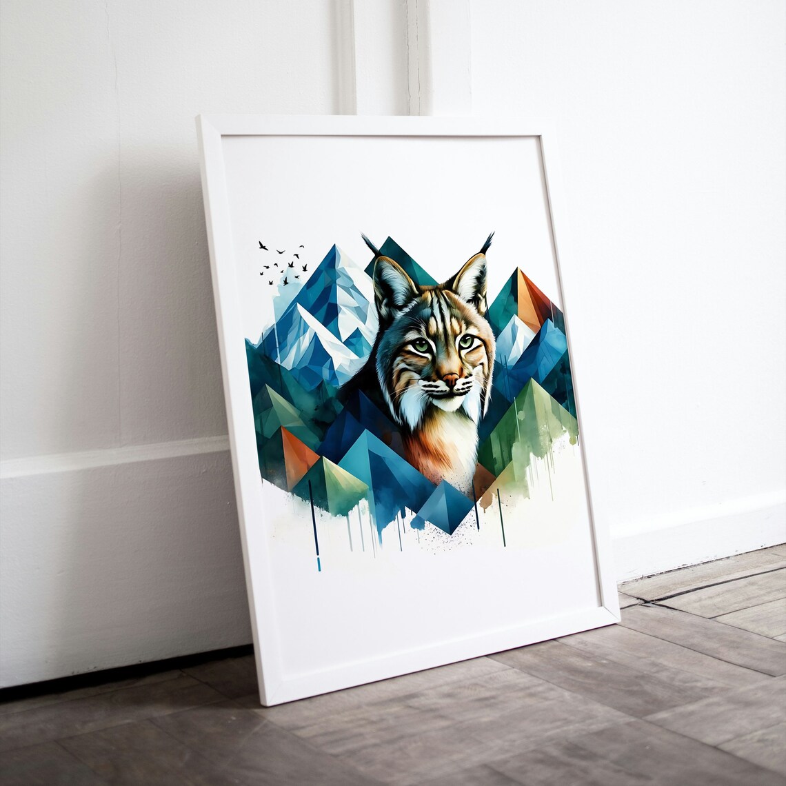 Lynx Portrait Over Geometric Watercolor Mountains Wildlife Art Poster