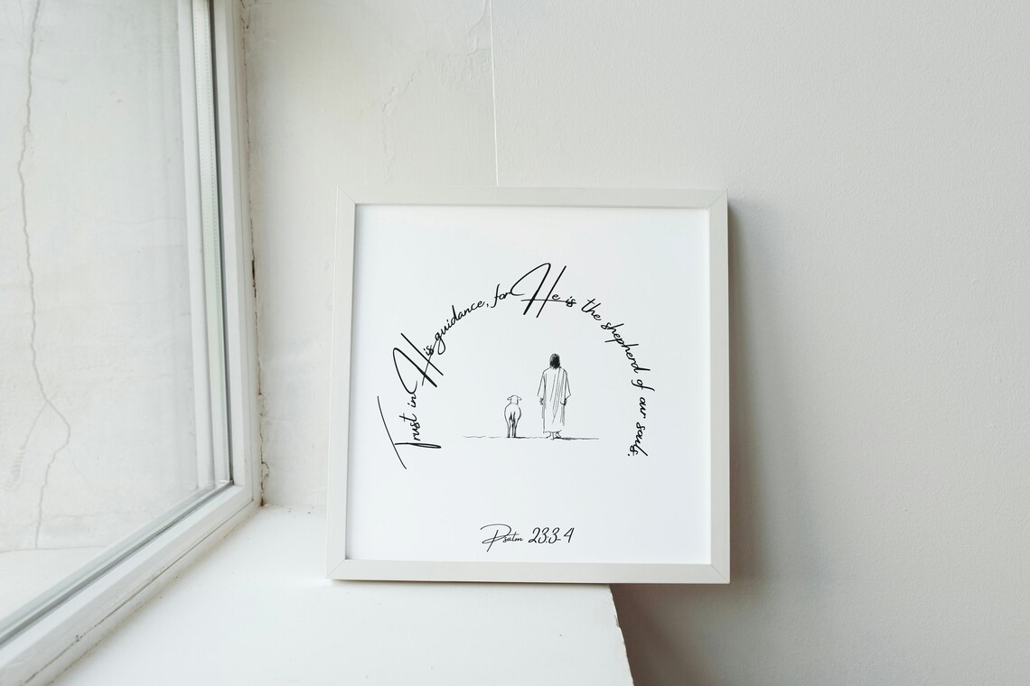 Trust in His Guidance Good Shepherd Psalm 23 4 Jesus Line Art Christian Poster - Image 3