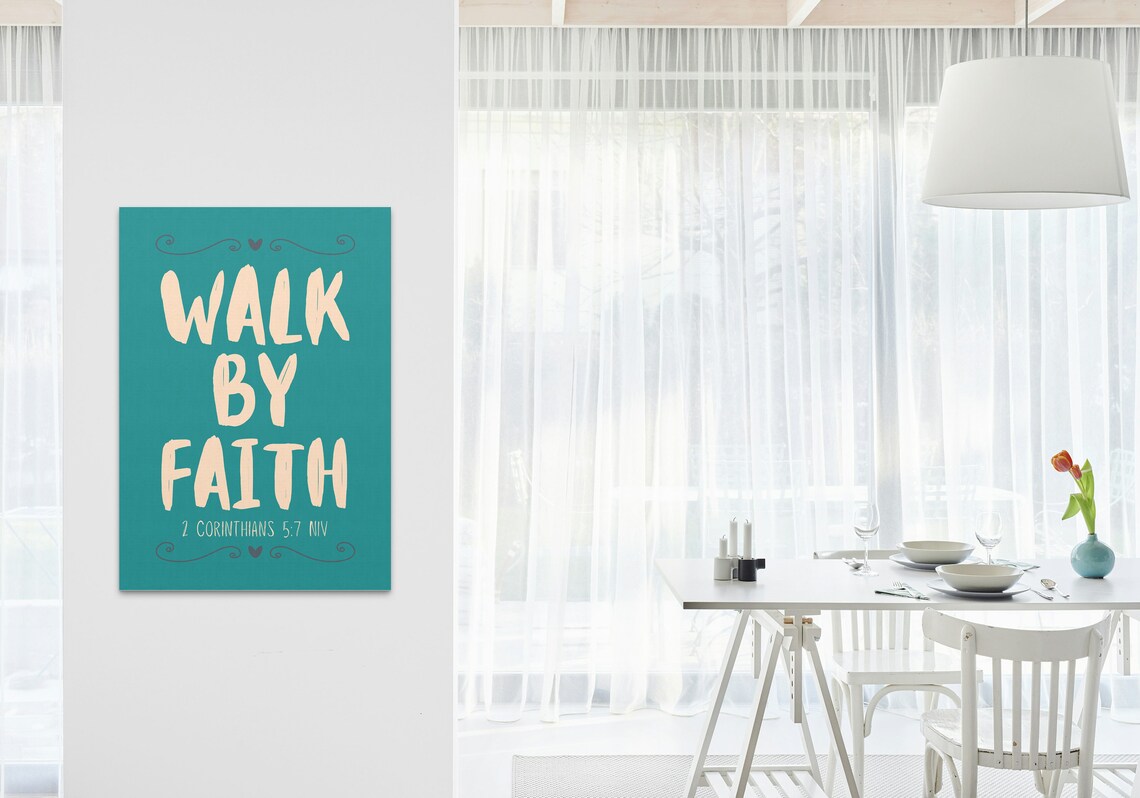 Walk by Faith Bible Verse Quote Teal Brush Typography Cream Faith Poster - Image 3