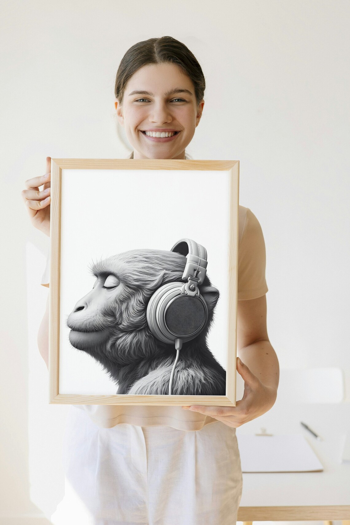 Monkey Wearing Headphones Black And White Animal Wall Decor Poster - Image 2