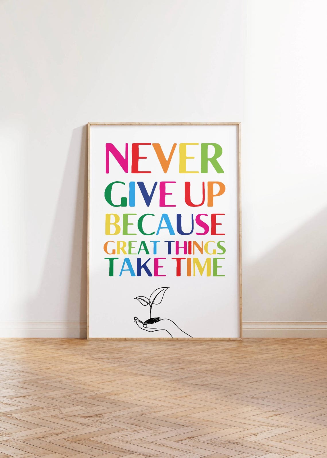 Never Give Up Rainbow Lettering Hand Sprout Growth Quote Poster - Image 2