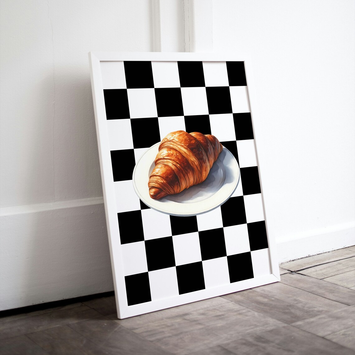 Golden Croissant French Bakery Art Checkerboard Background Poster