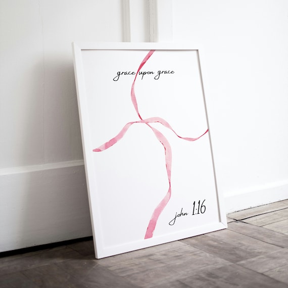 Grace Upon Grace John 1 16 Pink Ribbon Bible Verse Faith Wall Poster