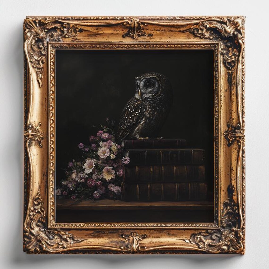 Spotted Owl Perched on a Tall Stack of Antique Leather Books Poster