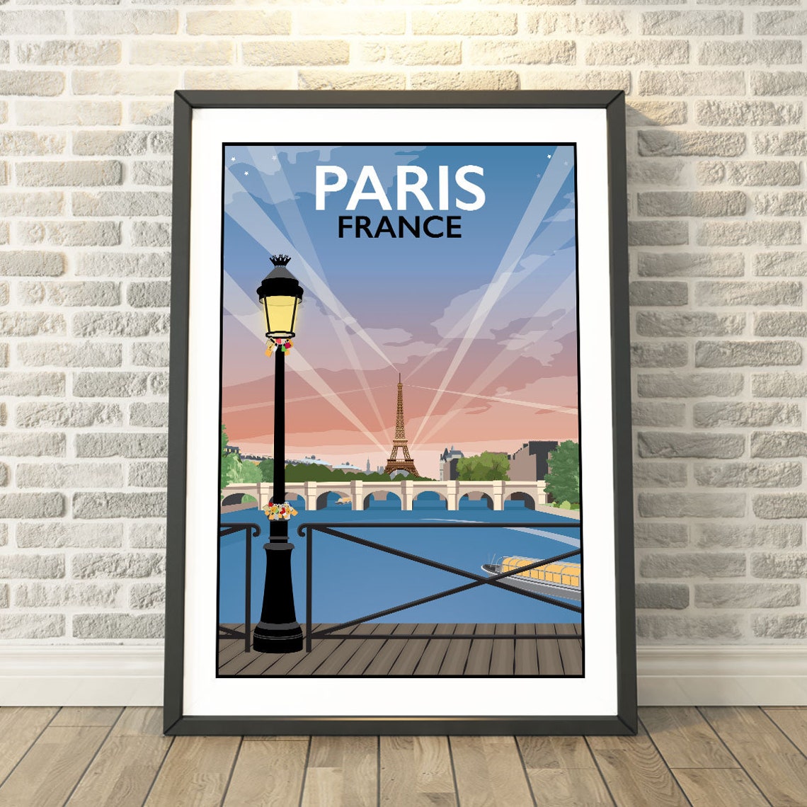 Paris France Eiffel Tower Dusk Seine Bridge Vintage Travel Wall Art