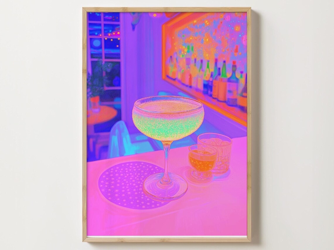 Glowing Champagne Coupe Glass in a Vibrant Pink Neon Bar Wall Art