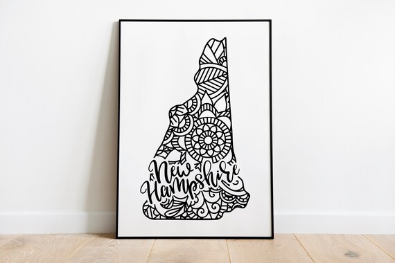 New Hampshire Mandala State Map Zentangle Outline Minimalist Wall Art