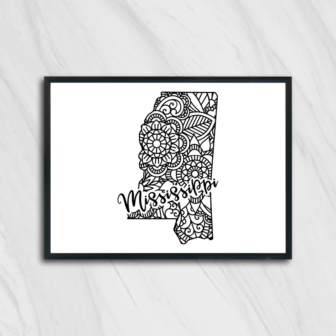 Mississippi Floral Mandala State Outline Map Black White Home Decor Poster - Image 2
