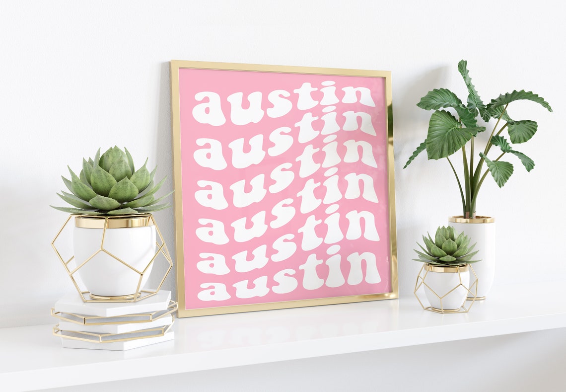 Austin Texas Groovy Retro Repeated Text Poster Pink White Fun Style - Image 2