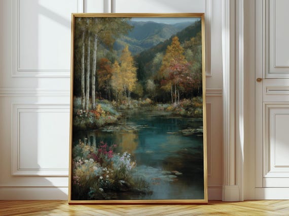 Birch Tree Autumn Forest Pond Serene Mountain Lake Impressionist Poster