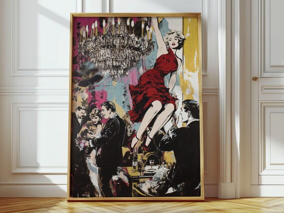 Retro Pop Art Party Dancer Red Dress Chandelier Vintage Style Poster