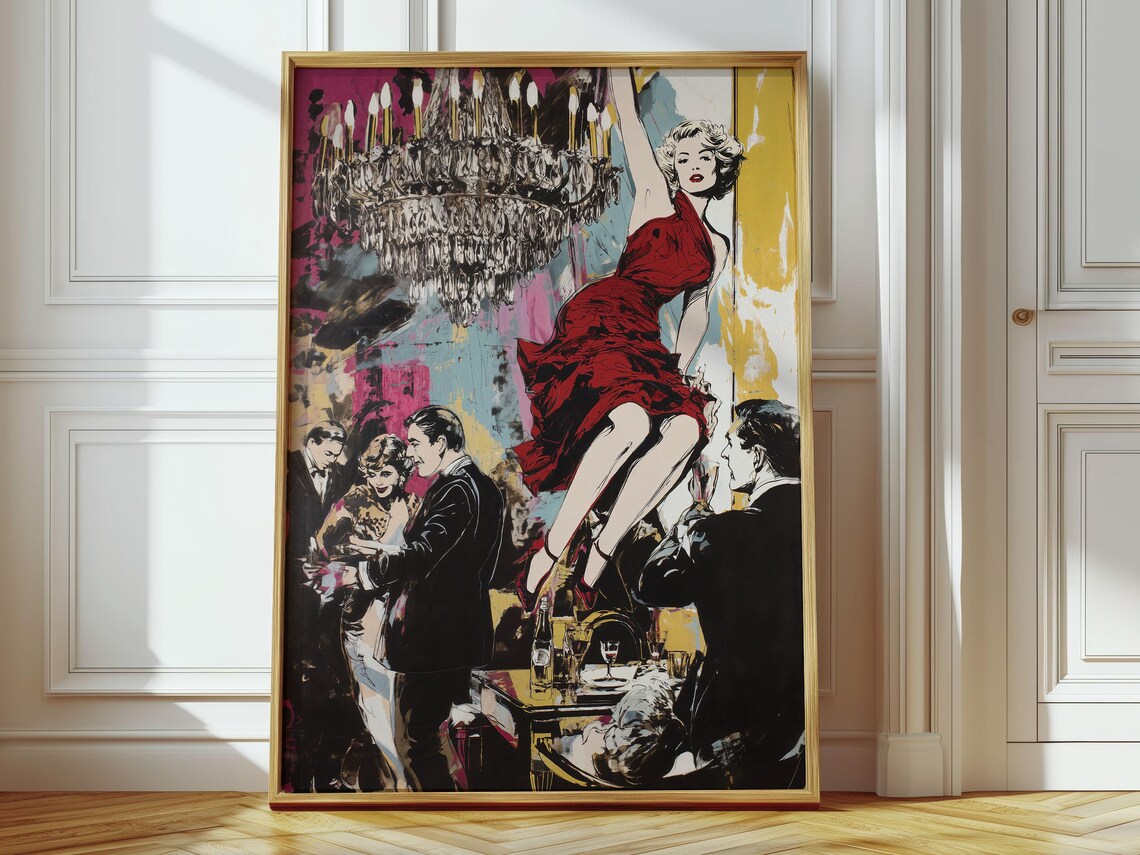 Retro Pop Art Party Dancer Red Dress Chandelier Vintage Style Poster