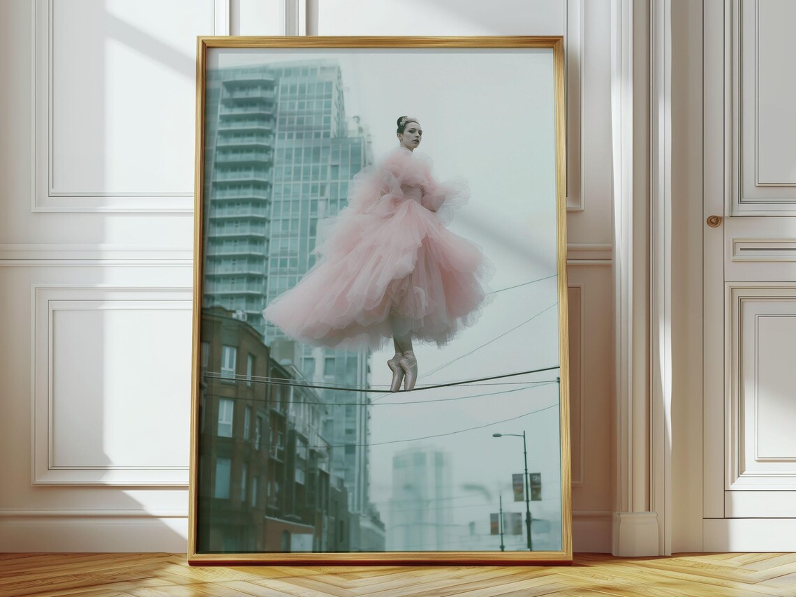 Ballerina On A Tightrope Pink Tulle City Skyline Vintage Style Poster