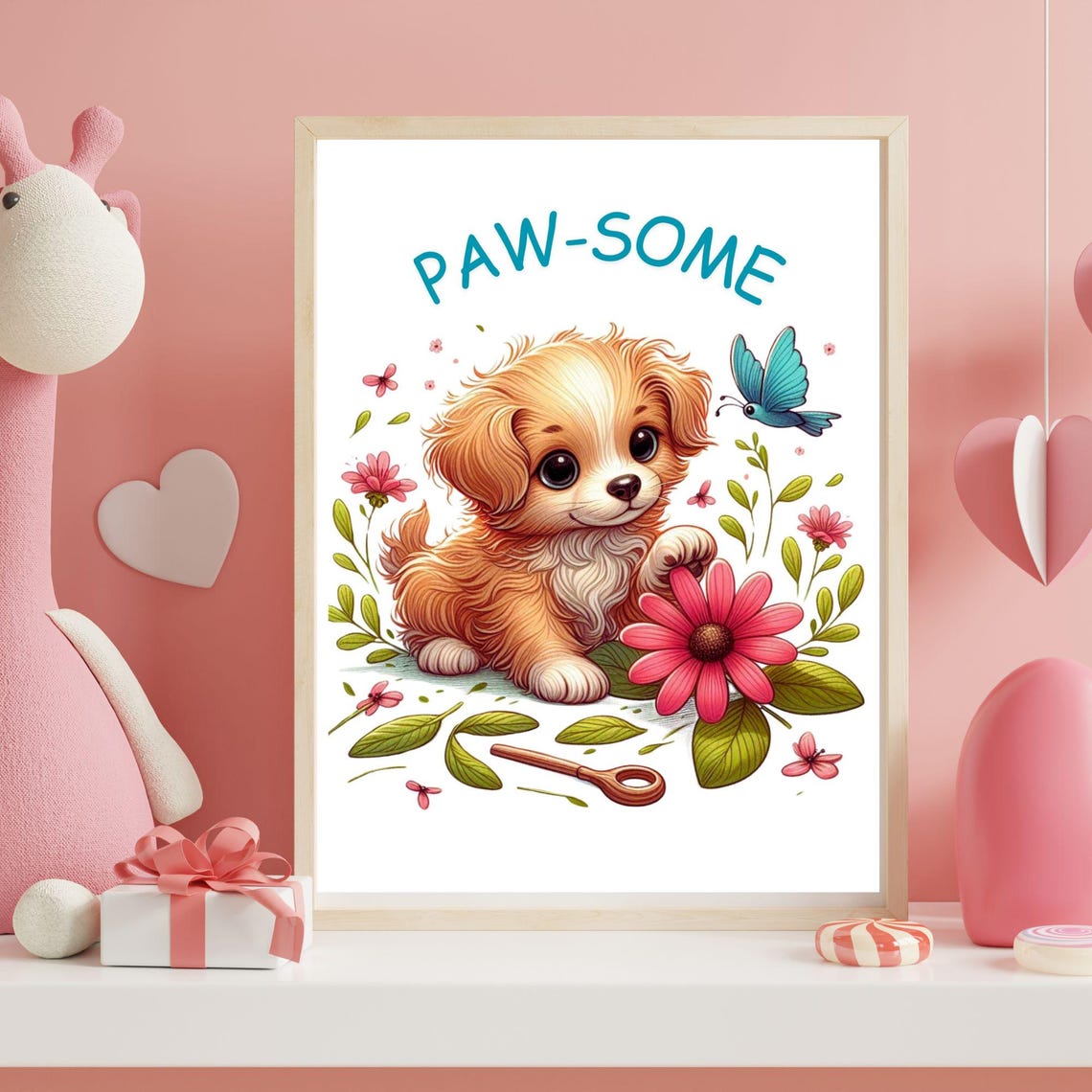 Paw-some Puppy With Flowers and Butterfly in Kids Room Poster - Image 4